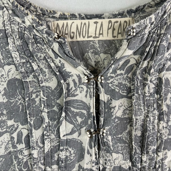 Magnolia Pearl Cordelia Block Print Tunic Dress Blue Floral 3/4 Sleeve Pockets - Picture 3 of 4